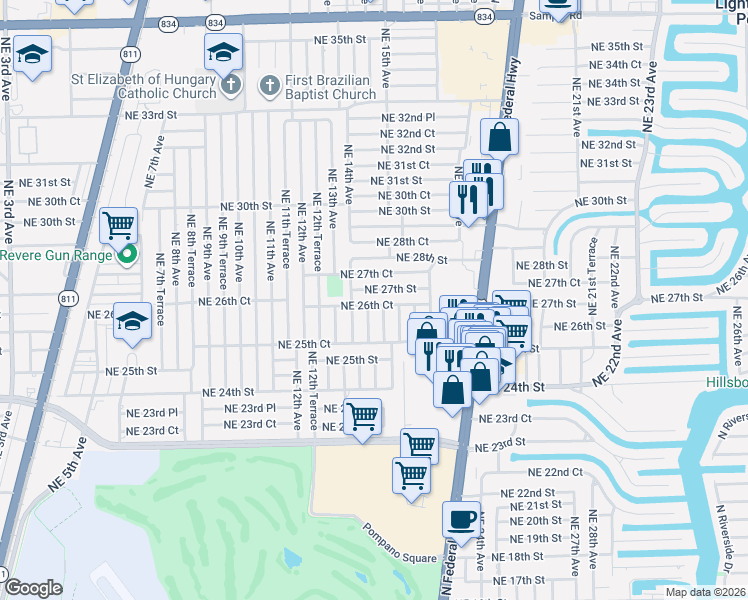 map of restaurants, bars, coffee shops, grocery stores, and more near 1481 Northeast 27th Street in Pompano Beach