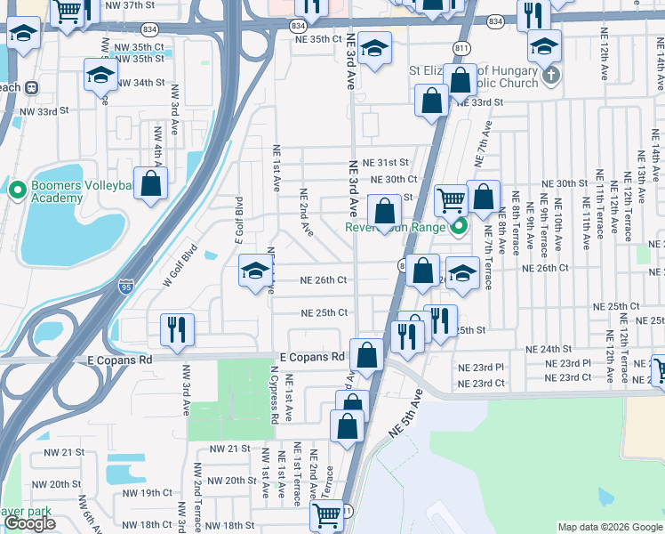 map of restaurants, bars, coffee shops, grocery stores, and more near 2710 Northeast 1st Terrace in Pompano Beach