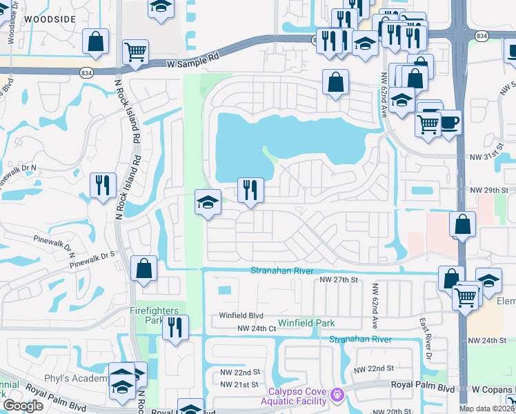 map of restaurants, bars, coffee shops, grocery stores, and more near 6620 Fern Street in Margate
