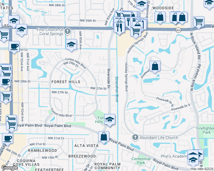 map of restaurants, bars, coffee shops, grocery stores, and more near 2801 Riverside Drive in Coral Springs