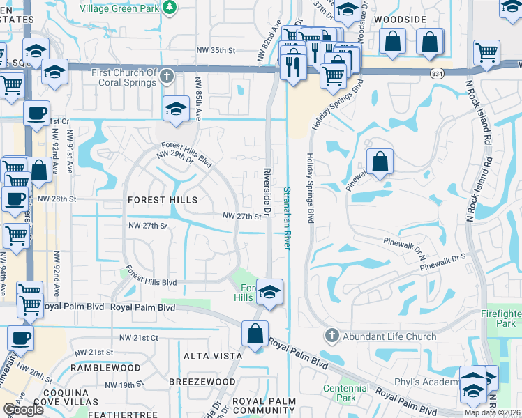 map of restaurants, bars, coffee shops, grocery stores, and more near 2711 Forest Hills Boulevard in Coral Springs