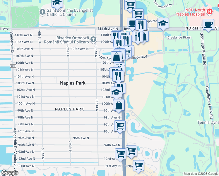 map of restaurants, bars, coffee shops, grocery stores, and more near 826 103rd Avenue North in Naples