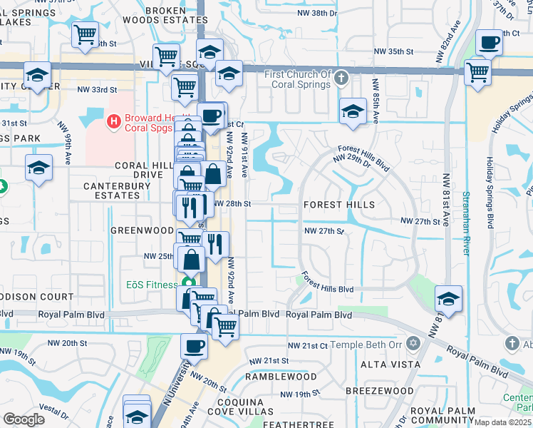 map of restaurants, bars, coffee shops, grocery stores, and more near 9050 Northwest 28th Street in Coral Springs