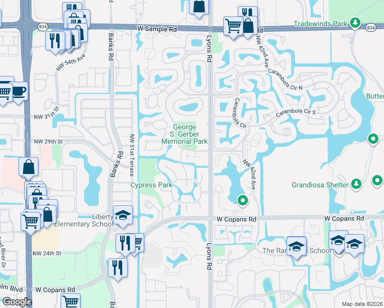 map of restaurants, bars, coffee shops, grocery stores, and more near 4721 Northwest 30th Street in Coconut Creek