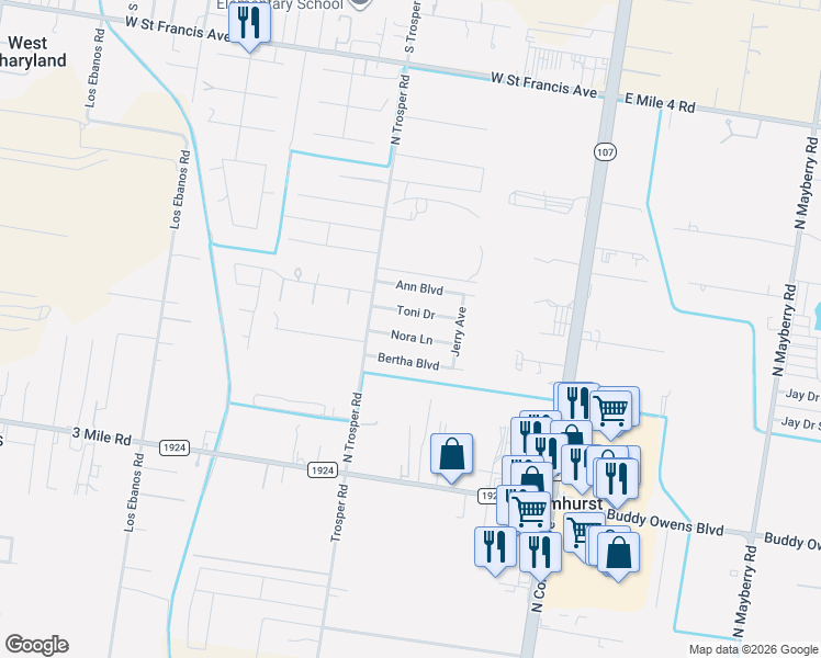 map of restaurants, bars, coffee shops, grocery stores, and more near 607 Toni Drive in Palmhurst