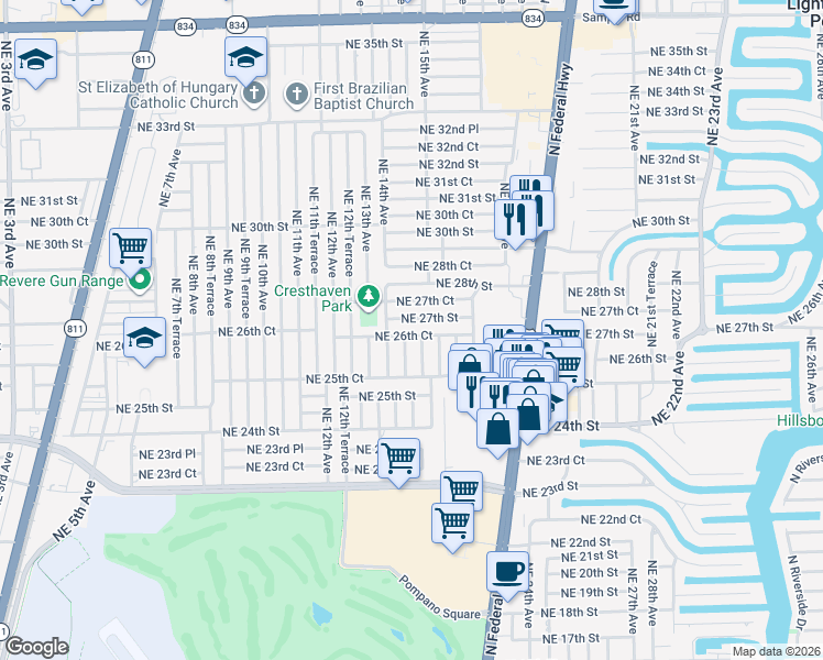 map of restaurants, bars, coffee shops, grocery stores, and more near 1433 Northeast 26th Court in Pompano Beach