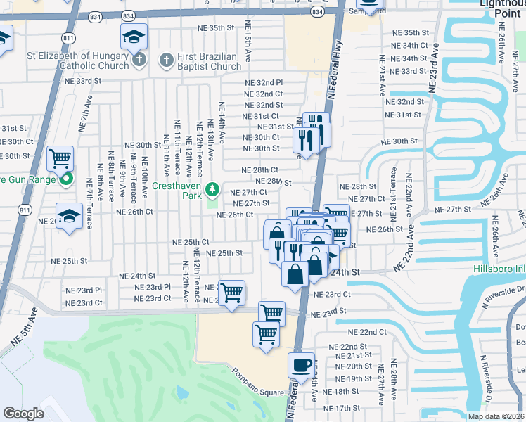 map of restaurants, bars, coffee shops, grocery stores, and more near 1585 Northeast 27th Street in Pompano Beach