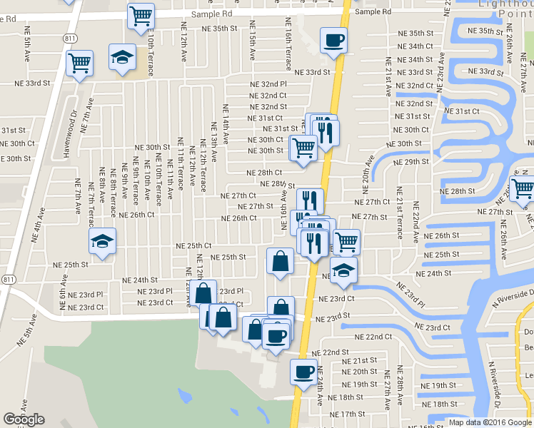 map of restaurants, bars, coffee shops, grocery stores, and more near 1585 Northeast 27th Street in Pompano Beach