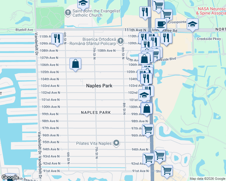 map of restaurants, bars, coffee shops, grocery stores, and more near 758 103rd Avenue North in Naples