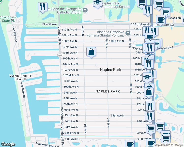 map of restaurants, bars, coffee shops, grocery stores, and more near 650 103rd Avenue North in Naples