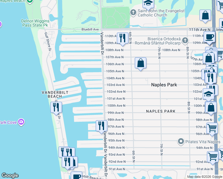 map of restaurants, bars, coffee shops, grocery stores, and more near 532 103rd Avenue North in Naples