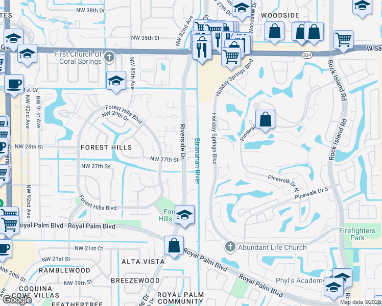 map of restaurants, bars, coffee shops, grocery stores, and more near 2701 Riverside Drive in Coral Springs