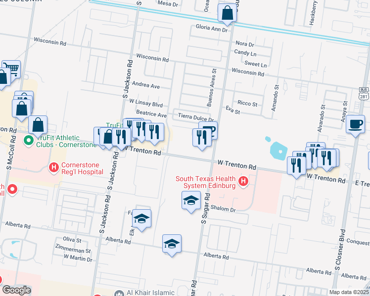 map of restaurants, bars, coffee shops, grocery stores, and more near 1703 West Trenton Road in Edinburg