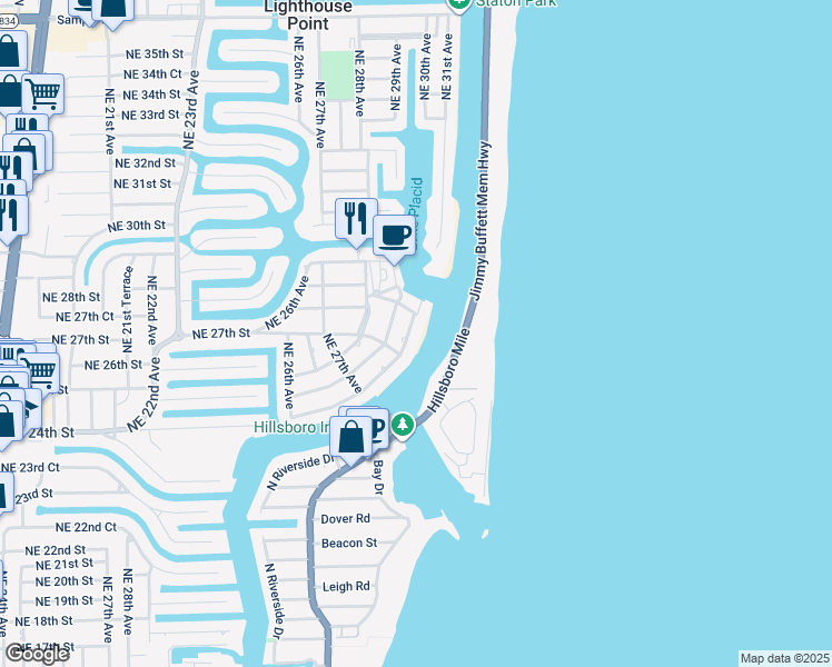 map of restaurants, bars, coffee shops, grocery stores, and more near 2759 Northeast 30th Avenue in Lighthouse Point