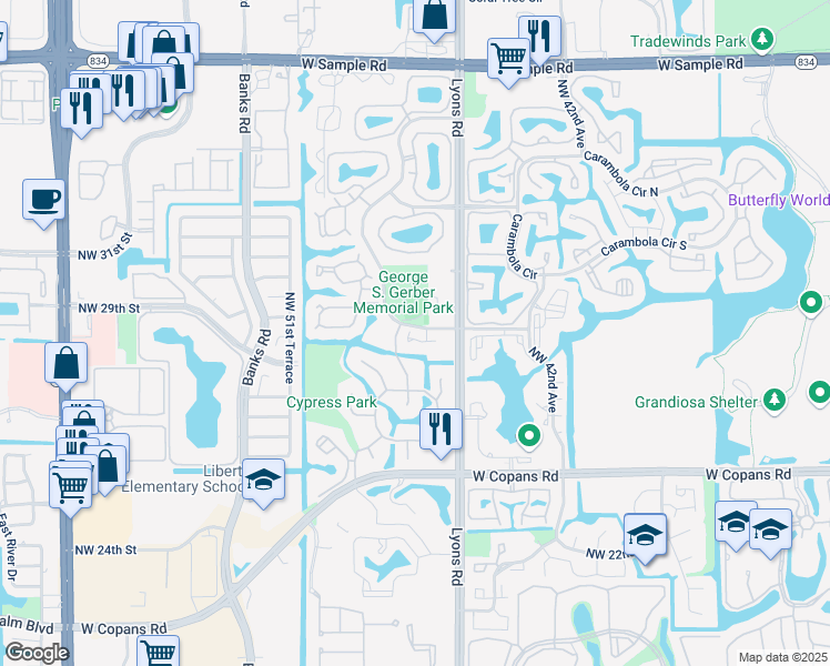 map of restaurants, bars, coffee shops, grocery stores, and more near in Coconut Creek