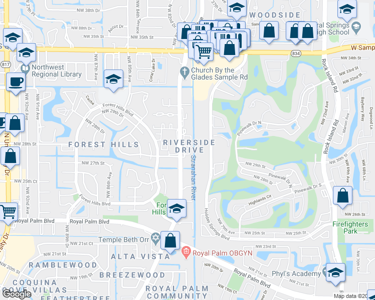 map of restaurants, bars, coffee shops, grocery stores, and more near 2801 Riverside Drive in Coral Springs