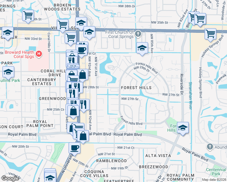 map of restaurants, bars, coffee shops, grocery stores, and more near 2730 Forest Hills Boulevard in Coral Springs