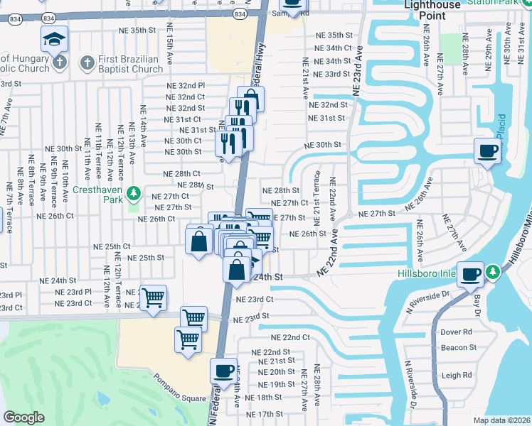 map of restaurants, bars, coffee shops, grocery stores, and more near 1881 Northeast 27th Street in Lighthouse Point