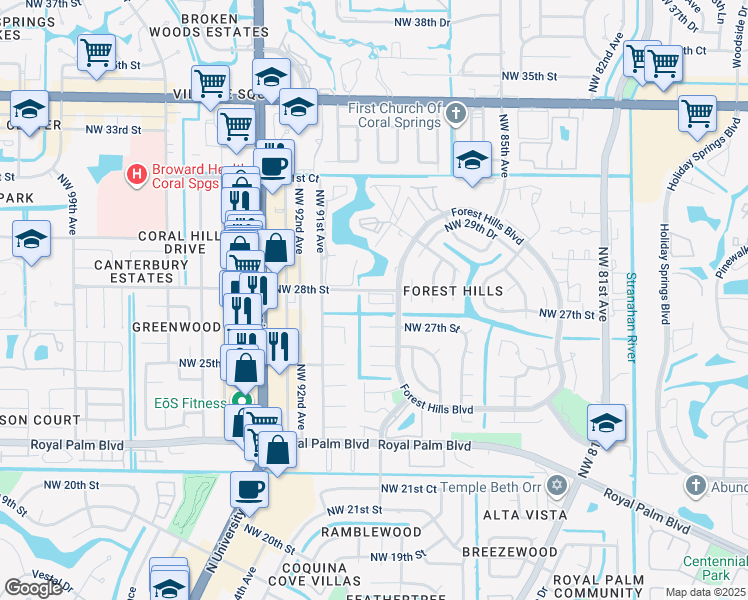 map of restaurants, bars, coffee shops, grocery stores, and more near 2730 Forest Hills Boulevard in Coral Springs