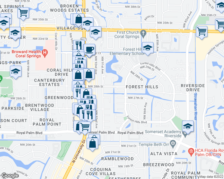 map of restaurants, bars, coffee shops, grocery stores, and more near 2730 Forest Hills Boulevard in Coral Springs