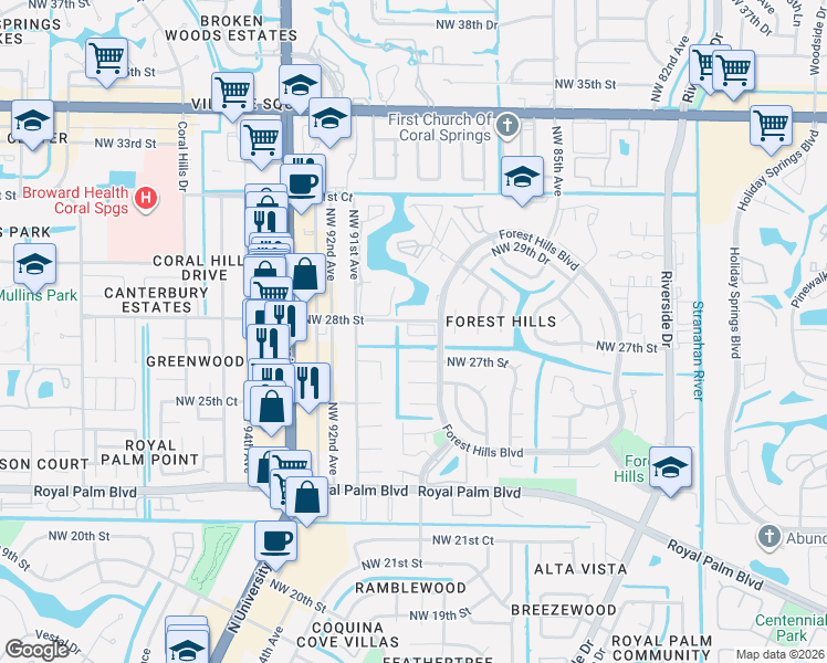 map of restaurants, bars, coffee shops, grocery stores, and more near 2730 Forest Hills Boulevard in Coral Springs