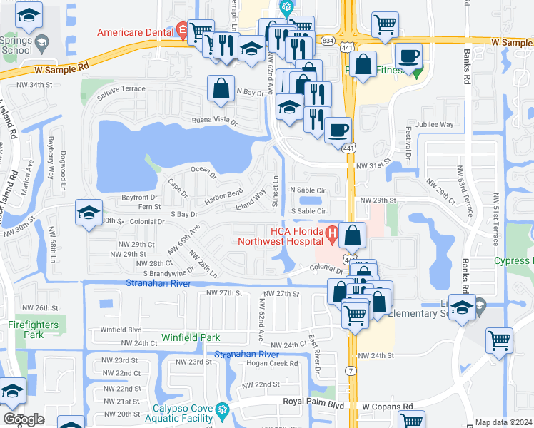 map of restaurants, bars, coffee shops, grocery stores, and more near 6224 Duval Drive in Margate