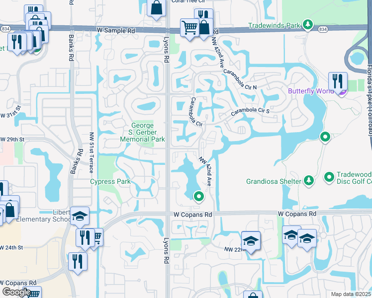 map of restaurants, bars, coffee shops, grocery stores, and more near 3185 Carambola Circle South in Coconut Creek