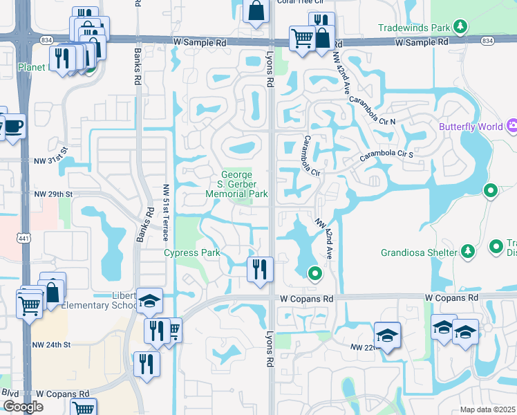 map of restaurants, bars, coffee shops, grocery stores, and more near 4601 Northwest 30th Street in Coconut Creek