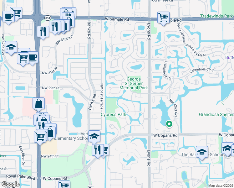 map of restaurants, bars, coffee shops, grocery stores, and more near 3161 Cocoplum Circle in Coconut Creek