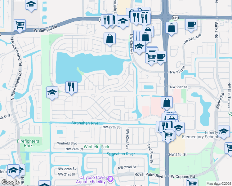 map of restaurants, bars, coffee shops, grocery stores, and more near 6289 Duval Drive in Margate