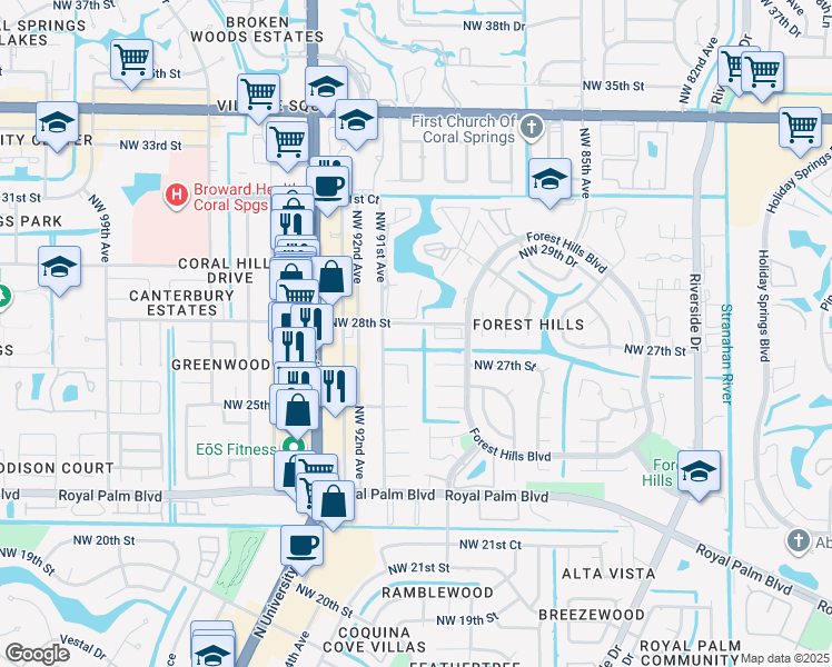map of restaurants, bars, coffee shops, grocery stores, and more near 2730 Forest Hills Boulevard in Coral Springs