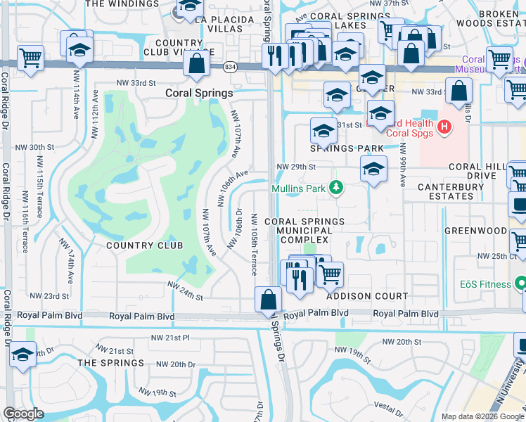 map of restaurants, bars, coffee shops, grocery stores, and more near 2872 Coral Springs Drive in Coral Springs
