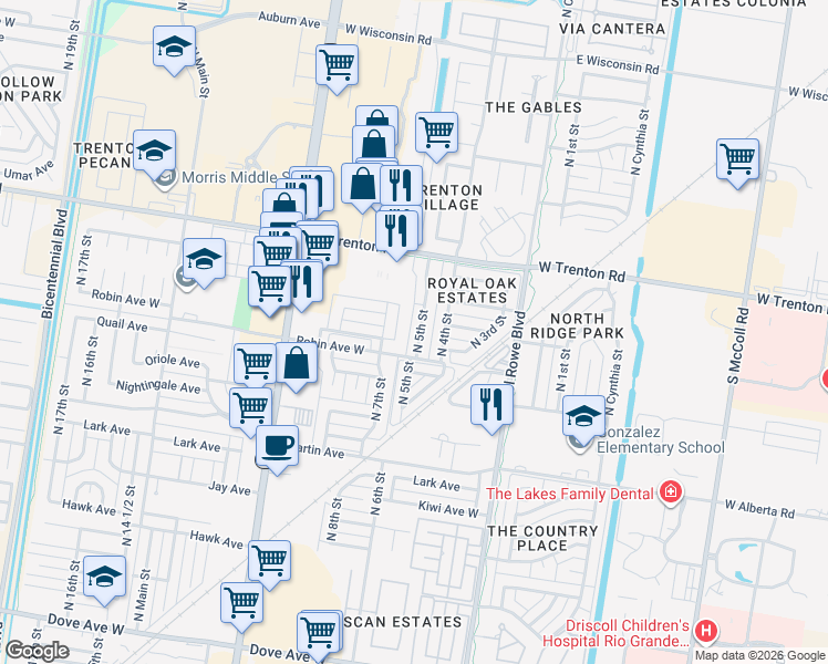 map of restaurants, bars, coffee shops, grocery stores, and more near 7032 North 5th Street in McAllen
