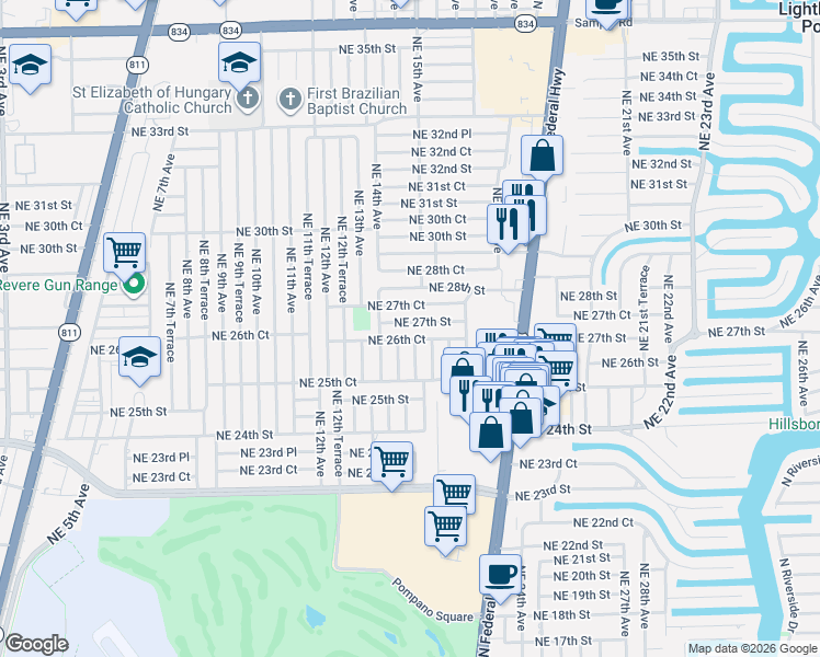map of restaurants, bars, coffee shops, grocery stores, and more near 1481 Northeast 27th Street in Pompano Beach