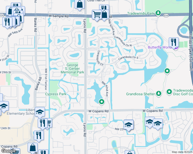 map of restaurants, bars, coffee shops, grocery stores, and more near 99 Carambola Circle South in Coconut Creek