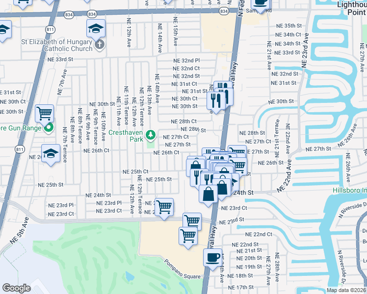 map of restaurants, bars, coffee shops, grocery stores, and more near 1481 Northeast 27th Street in Pompano Beach