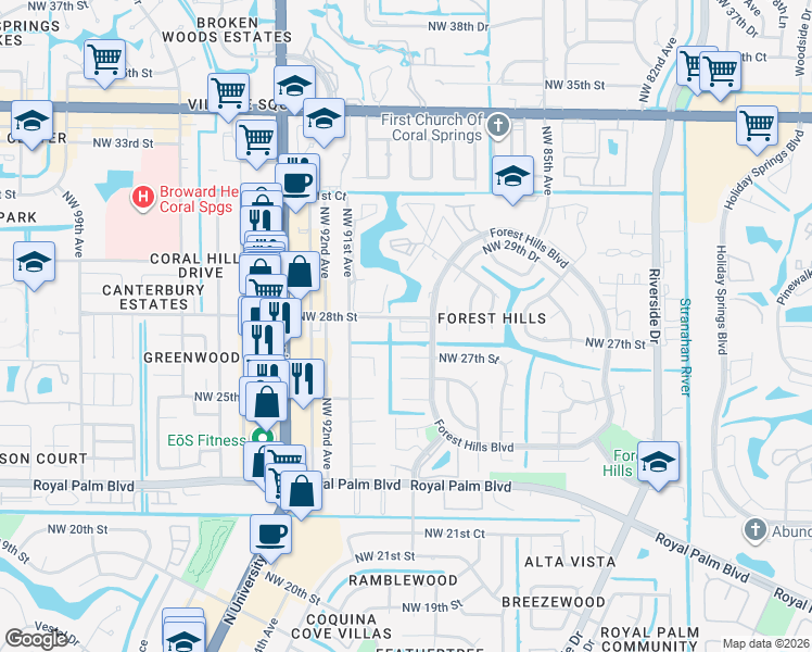 map of restaurants, bars, coffee shops, grocery stores, and more near 2730 Forest Hills Boulevard in Coral Springs