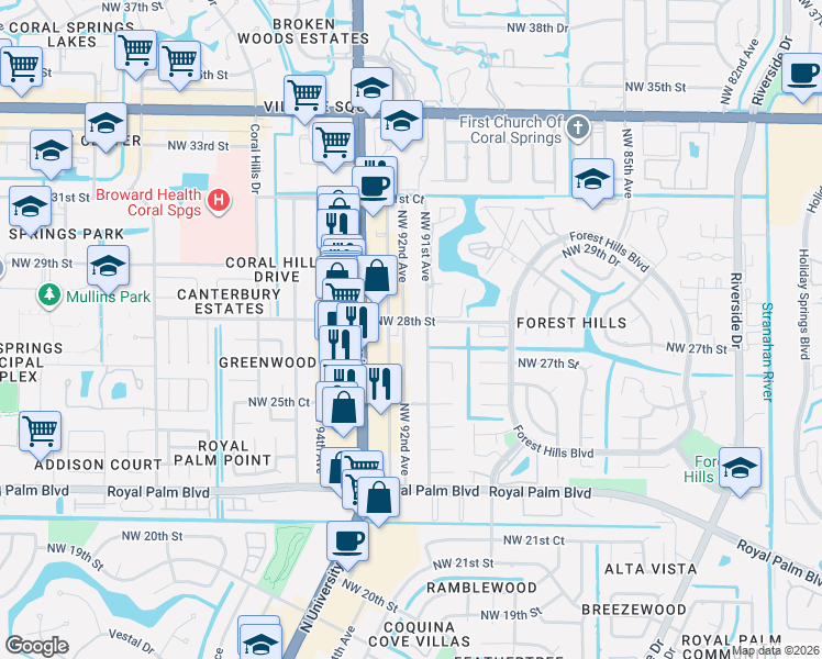 map of restaurants, bars, coffee shops, grocery stores, and more near 2791 Northwest 92nd Avenue in Coral Springs