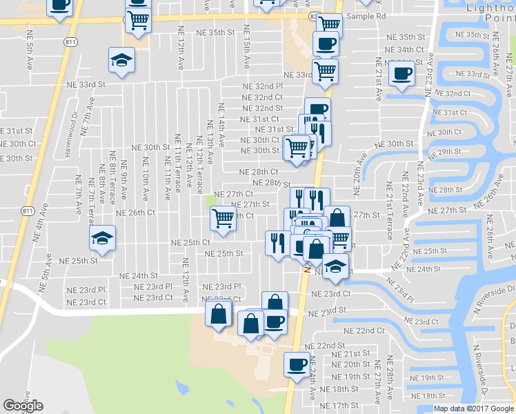 map of restaurants, bars, coffee shops, grocery stores, and more near 1481 Northeast 27th Street in Pompano Beach