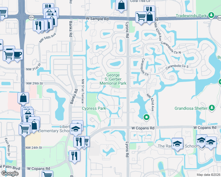map of restaurants, bars, coffee shops, grocery stores, and more near in Coconut Creek