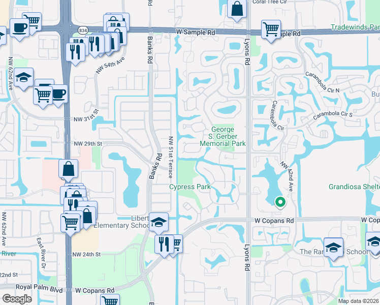 map of restaurants, bars, coffee shops, grocery stores, and more near 3161 Cocoplum Circle in Coconut Creek