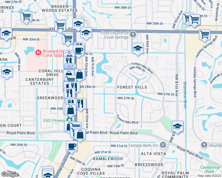 map of restaurants, bars, coffee shops, grocery stores, and more near 2730 Forest Hills Boulevard in Coral Springs