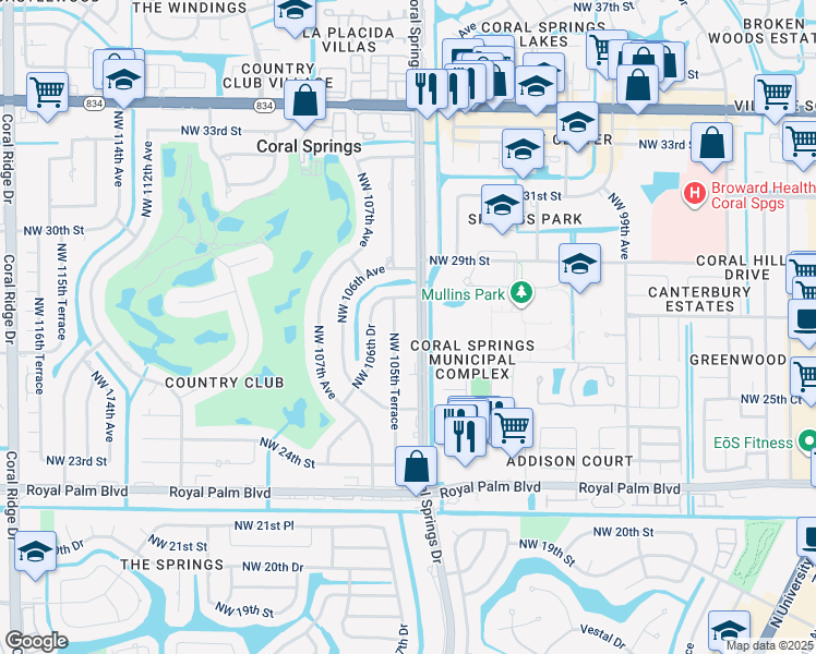 map of restaurants, bars, coffee shops, grocery stores, and more near 2872 Coral Springs Drive in Coral Springs
