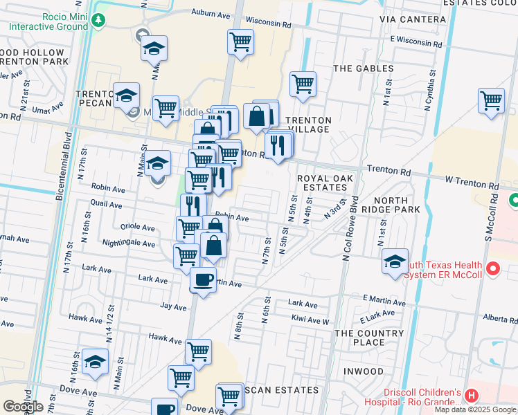 map of restaurants, bars, coffee shops, grocery stores, and more near 716 Swallow Avenue in McAllen