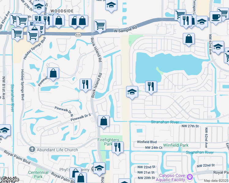map of restaurants, bars, coffee shops, grocery stores, and more near 6860 Northwest 29th Court in Margate
