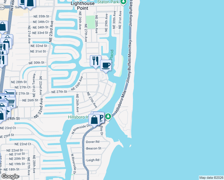 map of restaurants, bars, coffee shops, grocery stores, and more near 2759 Northeast 30th Avenue in Lighthouse Point