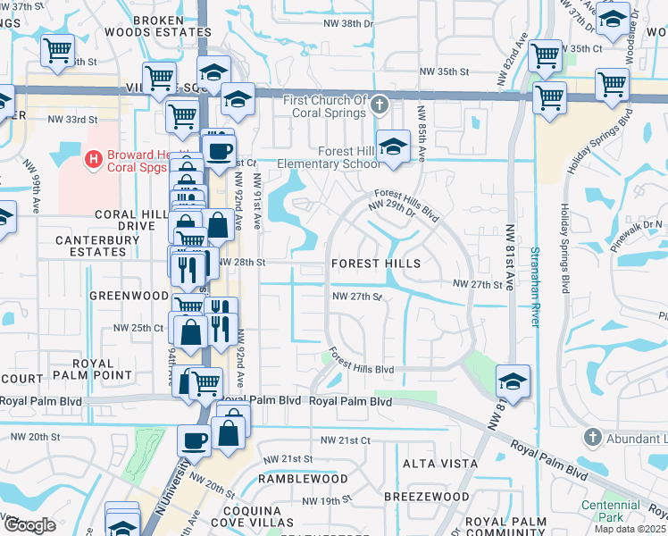 map of restaurants, bars, coffee shops, grocery stores, and more near 2750 Northwest 88th Terrace in Coral Springs