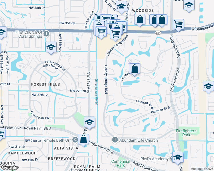 map of restaurants, bars, coffee shops, grocery stores, and more near Holiday Springs Boulevard in Margate