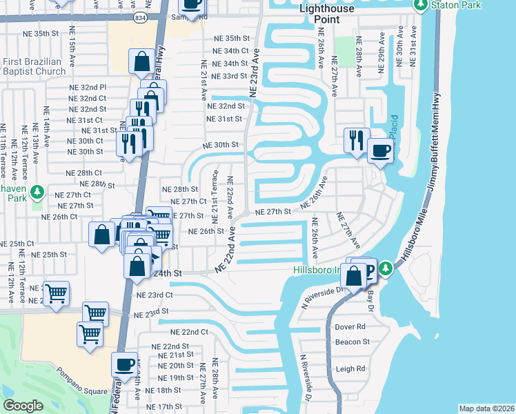 map of restaurants, bars, coffee shops, grocery stores, and more near 2325 Northeast 27th Street in Lighthouse Point
