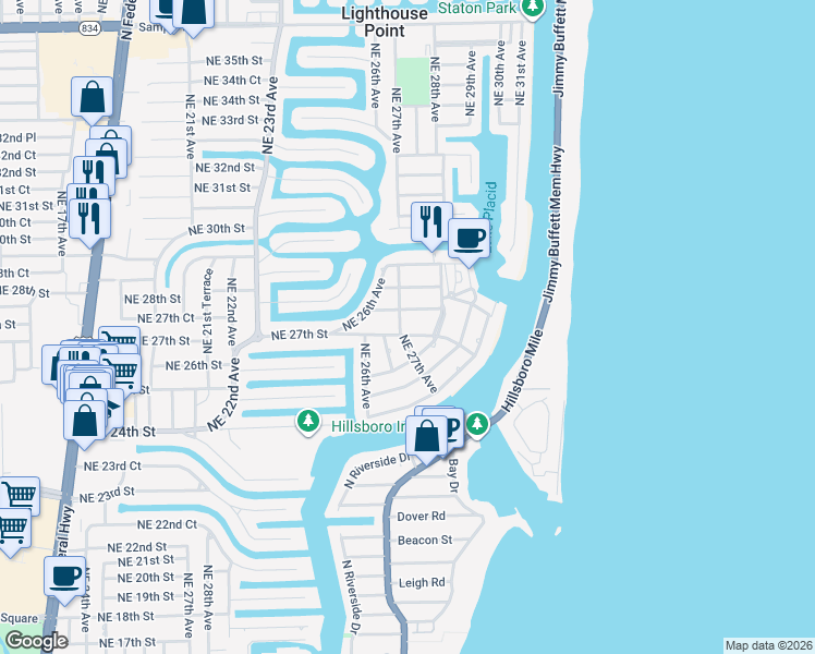 map of restaurants, bars, coffee shops, grocery stores, and more near 2714 Northeast 27th Avenue in Lighthouse Point